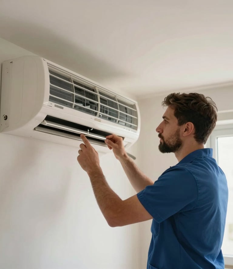 A professional technician in a clean uniform inspecting a wall-mounted air conditioning unit in a modern Middle Eastern apartment, soft natural light, professional photography.
