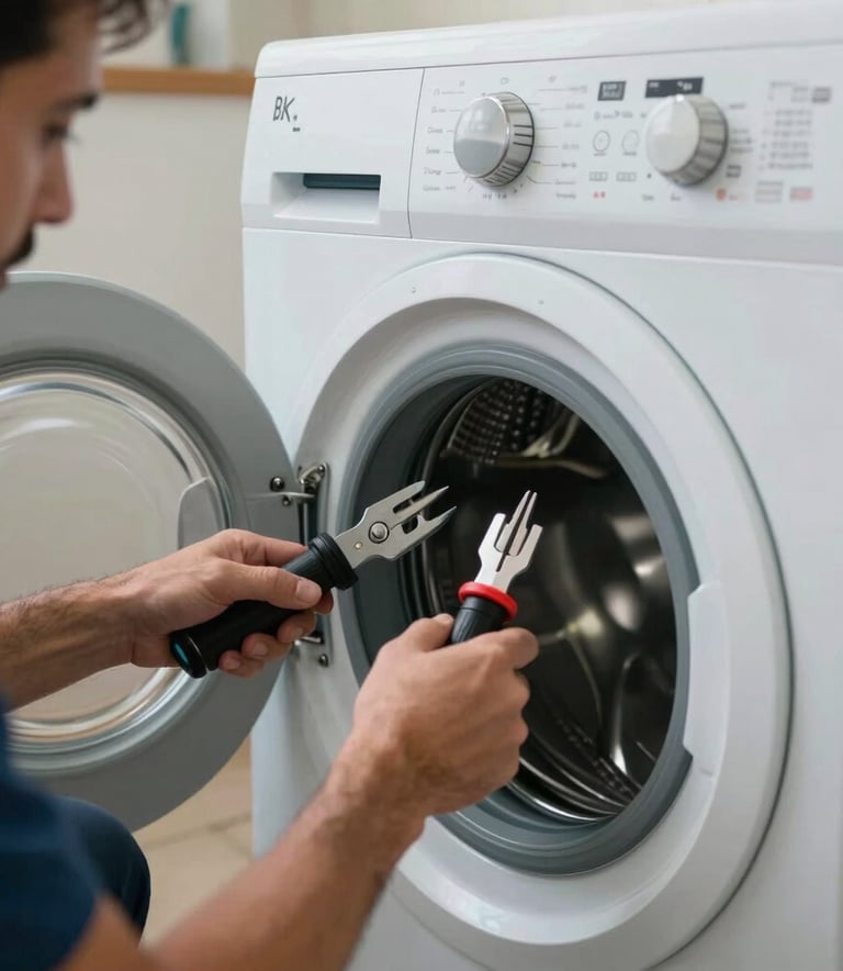 A close-up shot of a technician's hands using professional tools to fix a modern front-loading washing machine in a clean utility room, Middle Eastern / Gulf setting.