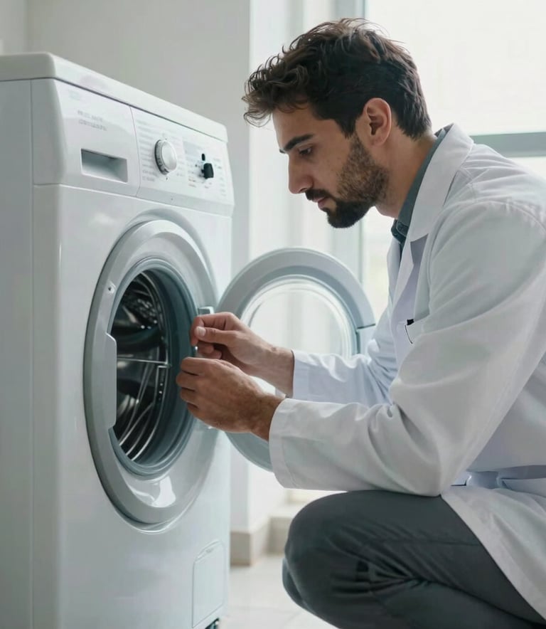 Middle Eastern / Gulf professional repair technician in a clean white uniform inspecting a modern washing machine in a high-end Dubai apartment. Bright natural lighting, soft blue and slate gray accents.