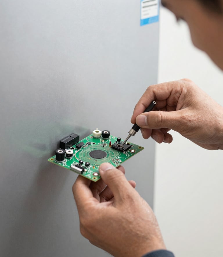 Close-up photography of a skilled technician's hands repairing a modern refrigerator circuit board. Professional lighting, focus on precision, soft slate gray and white background.