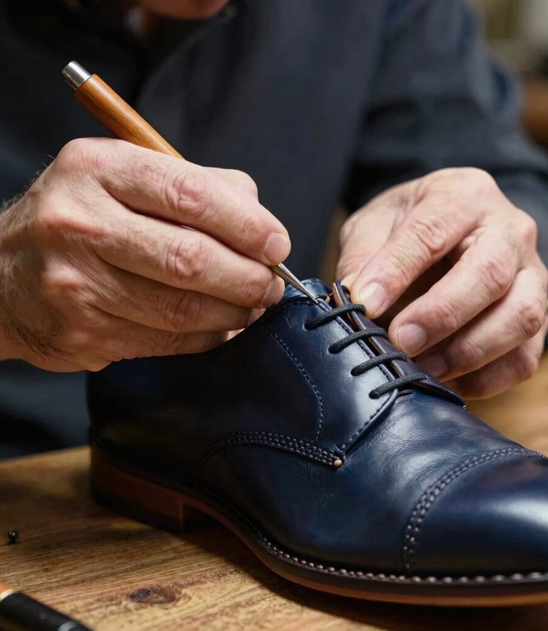 Close-up of an artisan's hands using a traditional curved needle to repair a leather shoe, warm focused workshop lighting, European craftsman style, deep navy and steel blue color palette.