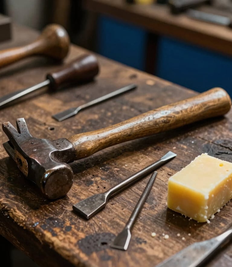 Detailed macro photography of traditional cobbler tools including a hammer, awl, and beeswax on a rustic wooden workbench in a Portuguese-speaking European workshop. Warm bronze and dark blue tones with soft directional lighting.