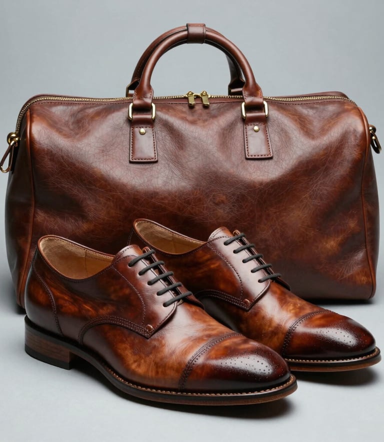Still life photography of a pair of perfectly restored luxury leather shoes and a classic leather travel bag. Sophisticated lighting, light grey-blue background, elegant European style.
