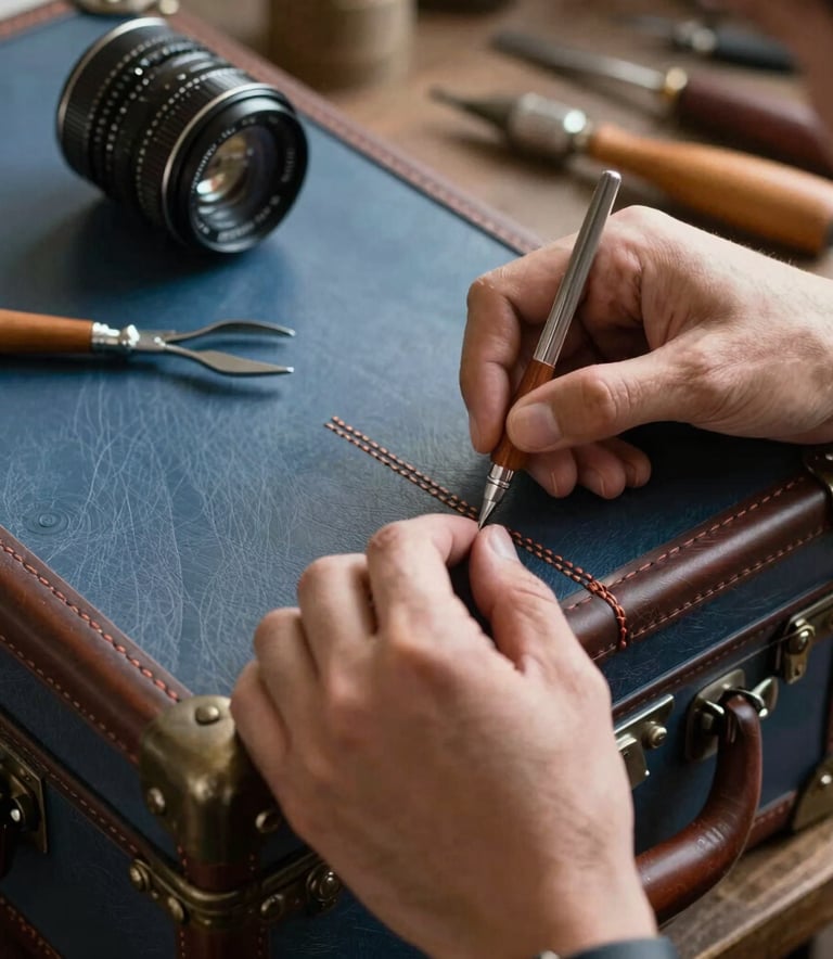 A close-up photograph of meticulous hand-stitching on a vintage leather travel trunk, professional artisan tools resting nearby, soft focused lighting in a Portuguese atelier, sophisticated atmosphere with tones of steel blue and bronze.