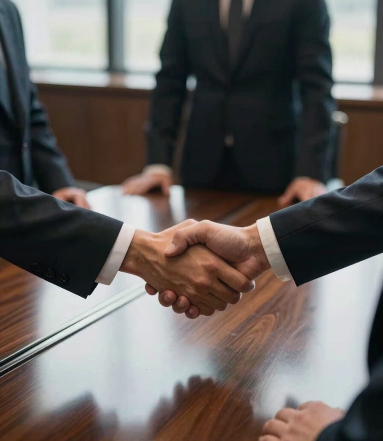A high-angle photograph of a firm handshake between two professionals over a mahogany table in a British boardroom, soft window light, reflecting trust and reliability.