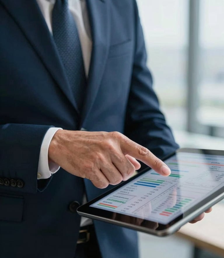 A close-up photograph of a professional in a sharp navy suit pointing at a tablet screen displaying financial data, set in a bright, modern office in the United Kingdom, soft daylight, professional atmosphere.