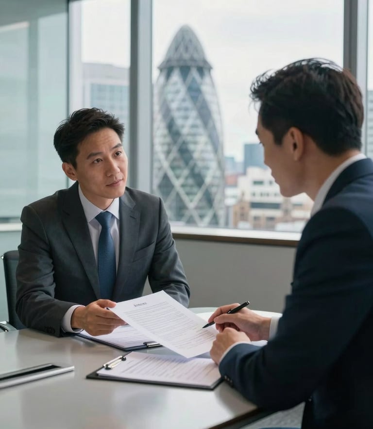 A professional financial consultation taking place in a bright, modern British boardroom with views of a United Kingdom business district. Two professionals are discussing documents on a sleek table. The atmosphere is sophisticated and reliable, utilizing a palette of dark charcoal and light blue.