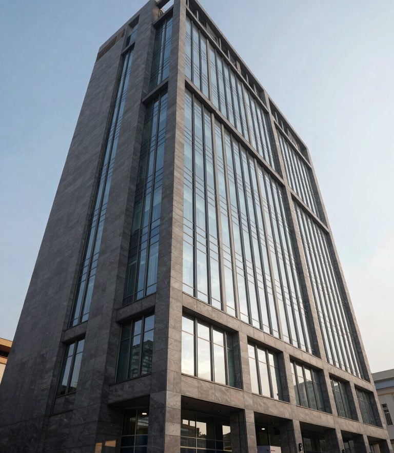 A wide-angle exterior shot of a contemporary corporate building in Pakistan. The facade features glass and disciplined slate grey steel. The image is captured in the early morning light, emphasizing clarity, trust, and sophisticated architecture.