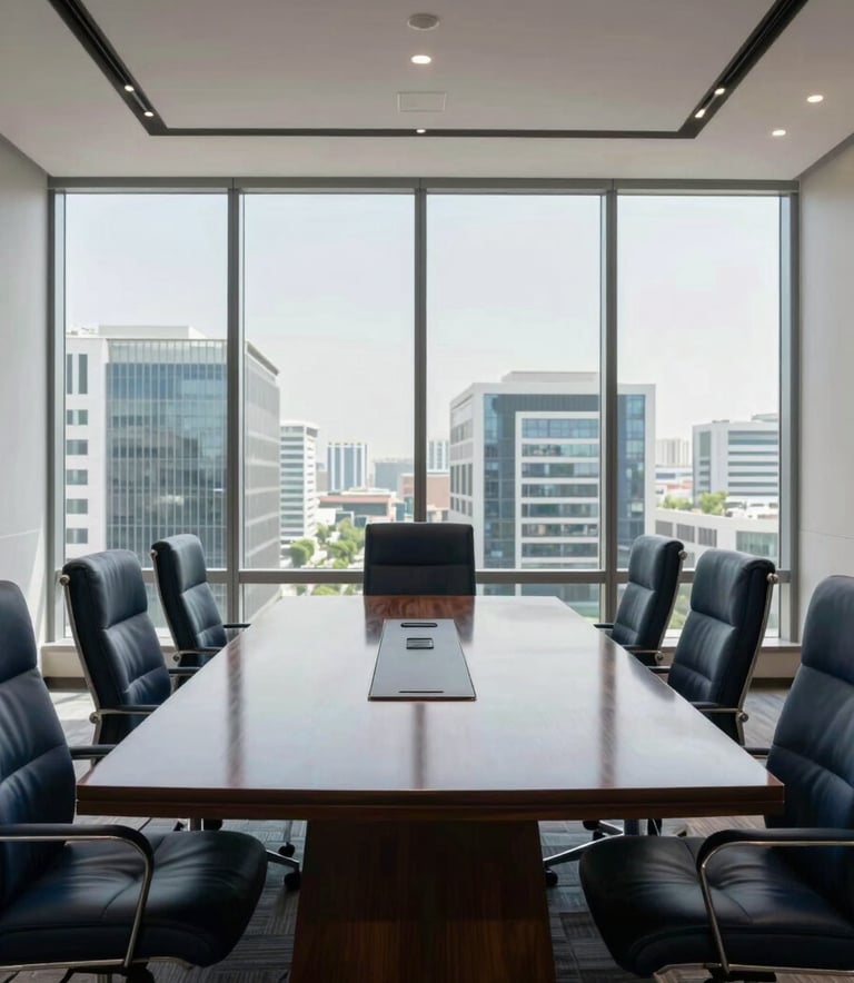 A minimalist, high-end executive boardroom in Lahore. A long, polished dark wood table is surrounded by dark navy blue leather chairs. Large windows show a clear sky and the clean architectural lines of a modern business district. The lighting is bright and professional.