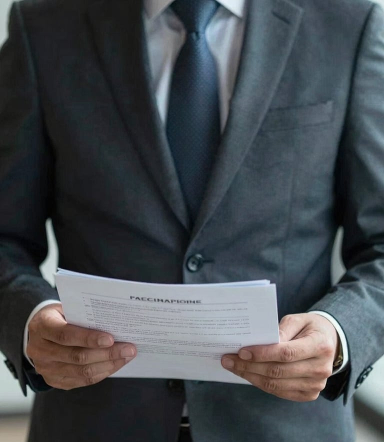 Close-up of a professional in a dark suit reviewing corporate documentation. The lighting is focused, with a steel grey blue tint, conveying high-trust advisory.