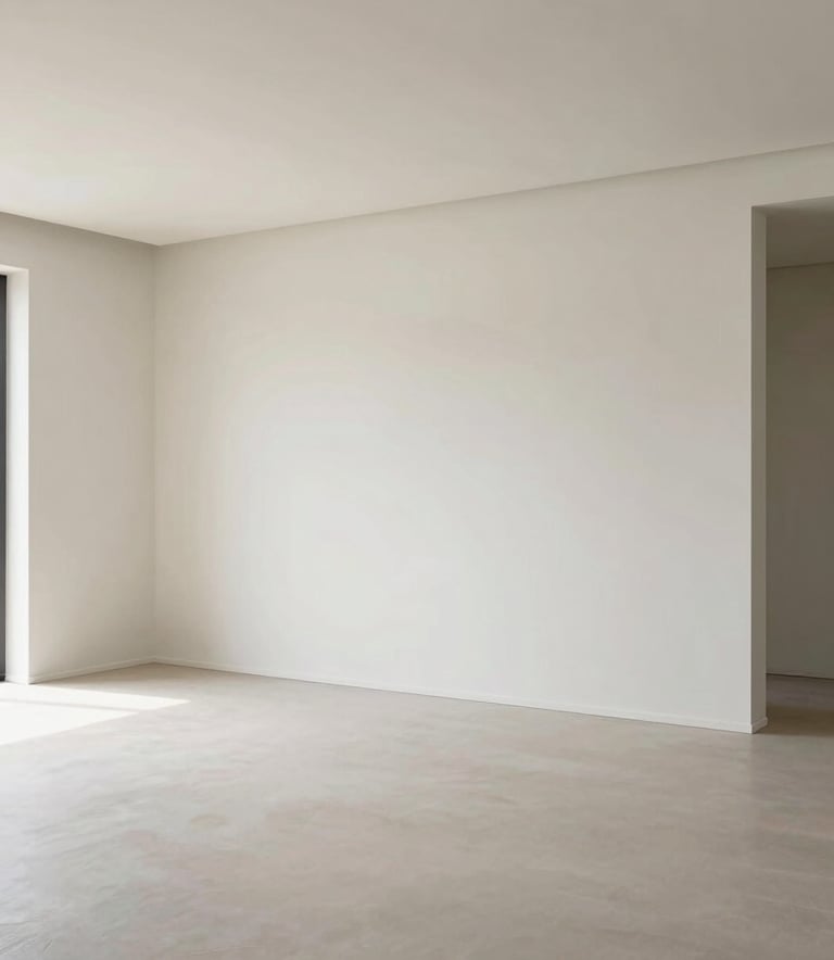 A wide-angle interior shot of a contemporary living room with perfectly finished plaster walls and a suspended ceiling with clean lines. The room is empty and bathed in natural light, showcasing the quality of the paint and finishes. Modern and high-end atmosphere.