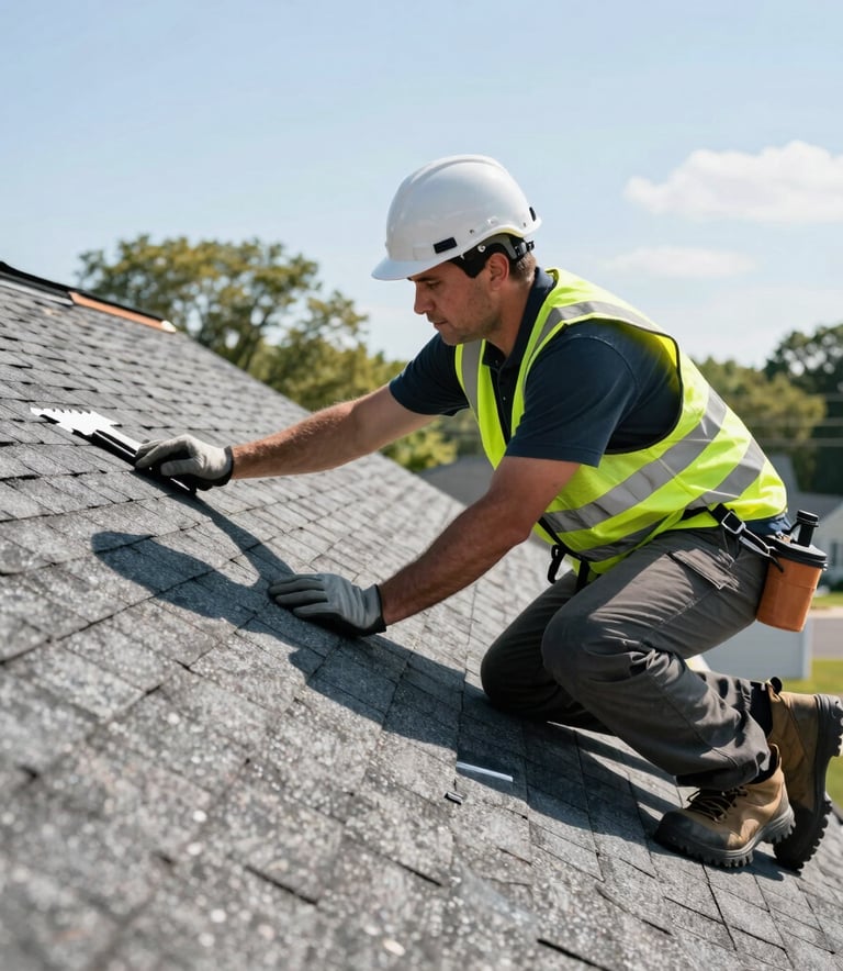 A professional roofing contractor wearing safety gear inspecting a asphalt shingle roof on a residential home in New Jersey under a clear bright sky.