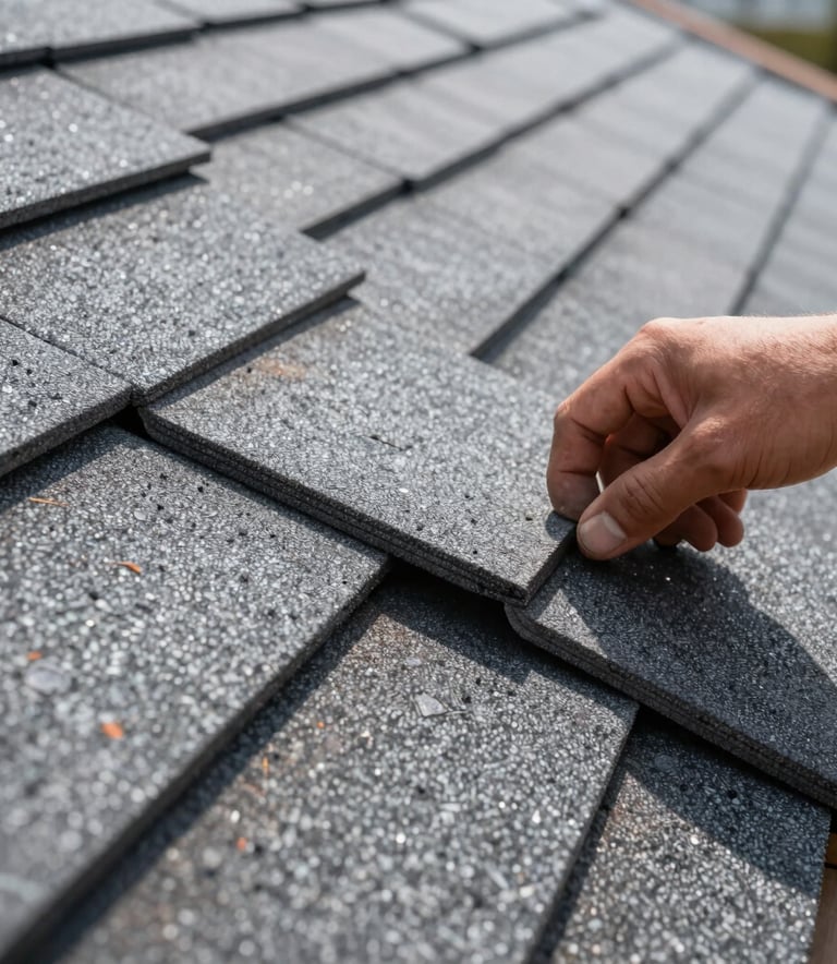 Close-up detail of high-quality architectural roofing shingles being installed by a skilled hand, showing texture and precision, daylight photography.