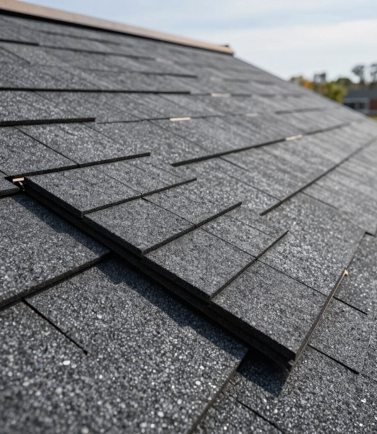 A close-up photograph of high-quality dark gray architectural shingles being precisely installed on a roof, showcasing the texture and professional craftsmanship, bright natural daylight, North American job site.