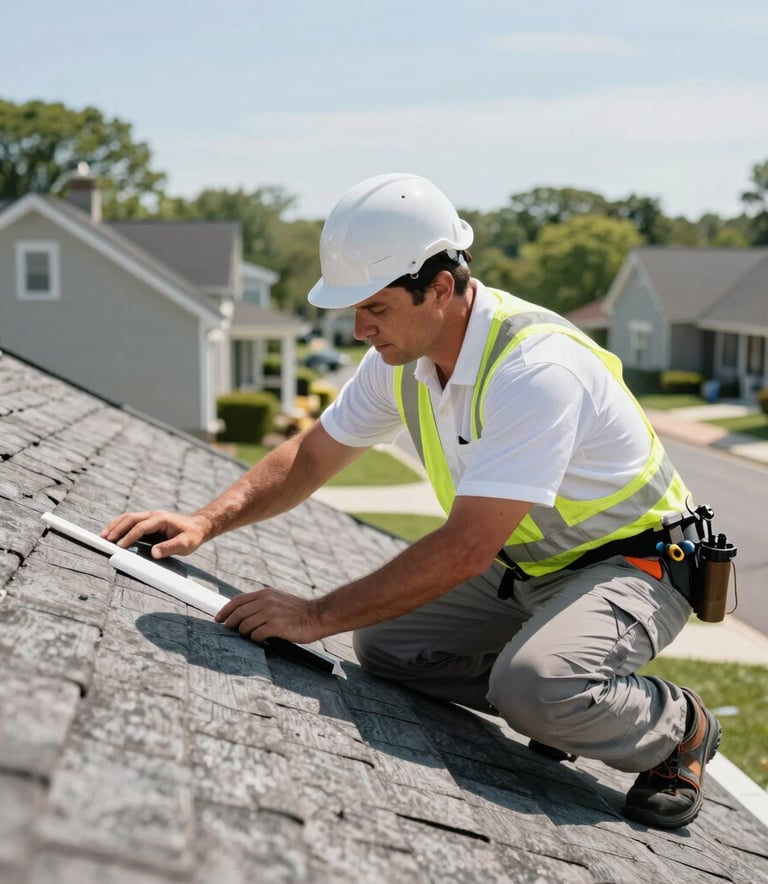 A professional roofing contractor in a white uniform and safety gear inspecting a residential roof under the bright sun in a New Jersey neighborhood, North American architectural style, sharp focus, clean and professional lighting.