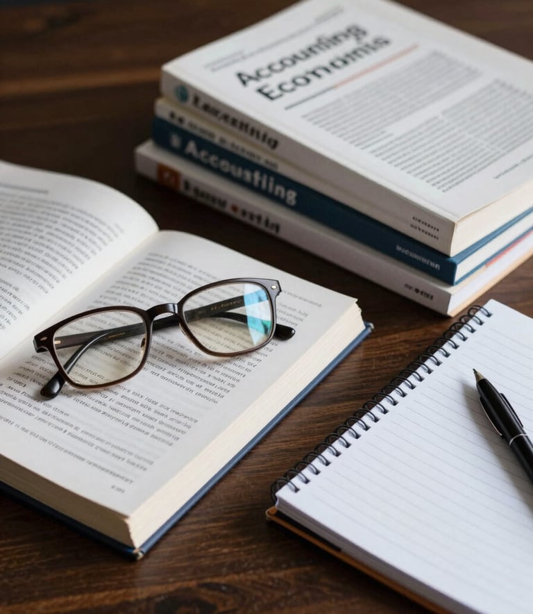 Still life photography of high-quality textbooks on Accounting and Economics, with a pair of spectacles and a neat notebook on a dark wood surface, South Asian / Indian academic office setting, focused composition, professional lighting.