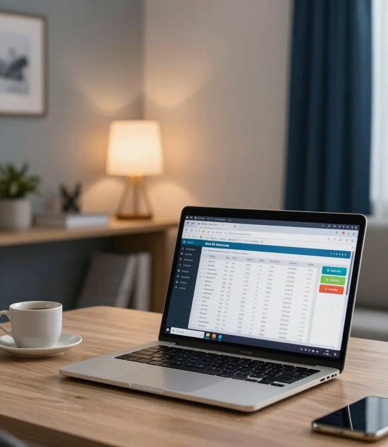 A focused South Asian academic setting showing a modern home office with a laptop displaying a live accounting lecture, warm interior lighting, with light gray and navy blue accents in the background.