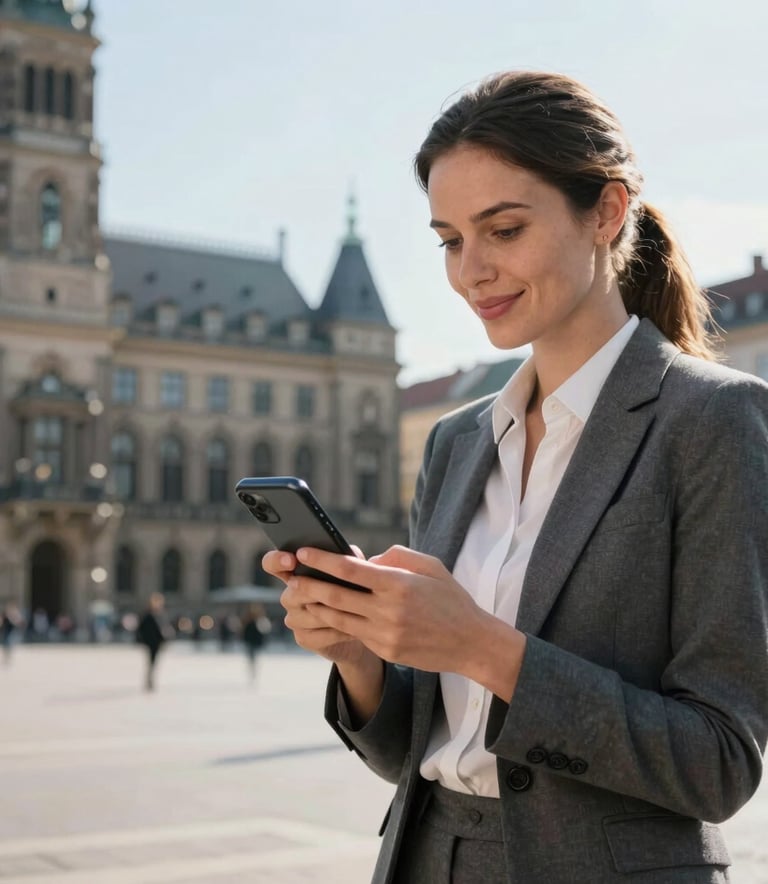 High-end photography of a professional woman in a German city square, wearing elegant business-casual attire. She is looking at her smartphone with a satisfied expression. In the soft-focus background, a historic European administrative building is visible under a clear, bright sky.