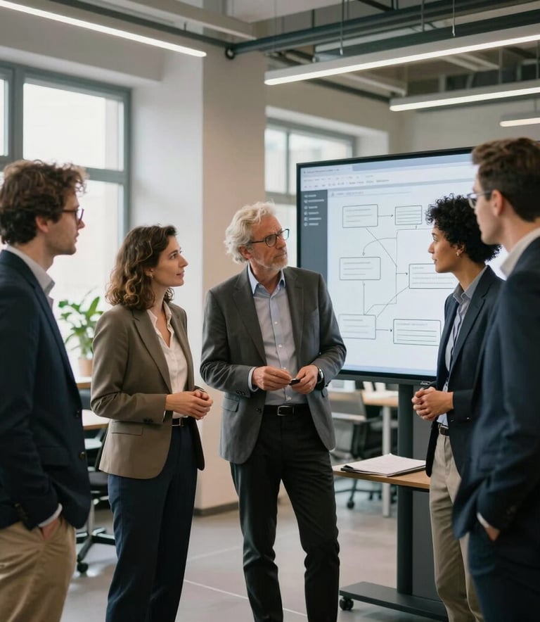 A group of professional colleagues in Central European attire working together in a bright, modern office space in Berlin. They are discussing communication strategies while standing around a digital screen. The atmosphere is grounded, innovative, and focused.