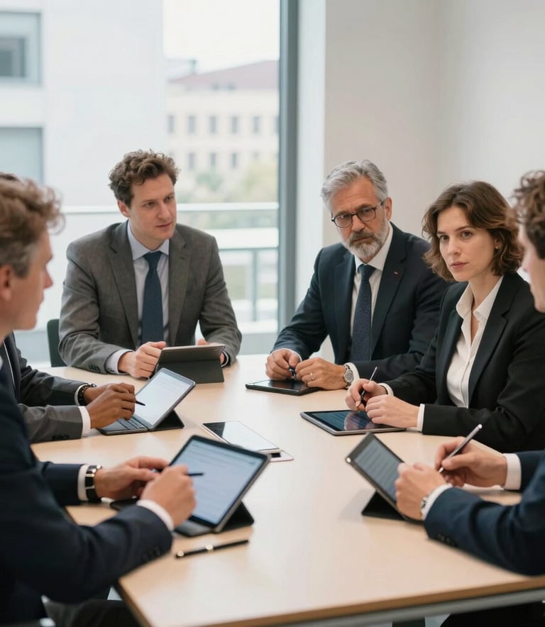 A group of professional consultants in a bright, modern conference room in a German city, discussing strategy over a large table with tablets, soft natural lighting, elegant atmosphere.