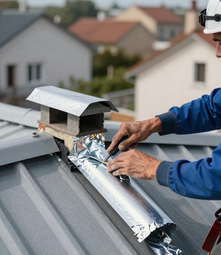 A close-up photograph of a professional roofer expertly installing high-quality zinc flashing on a chimney, set against a backdrop of a clean, modern roof in a Central European / French neighborhood. The lighting is bright and clear, highlighting the metallic textures and the precision of the work. The color palette includes shades of Steel Blue and Pale Mist Gray.