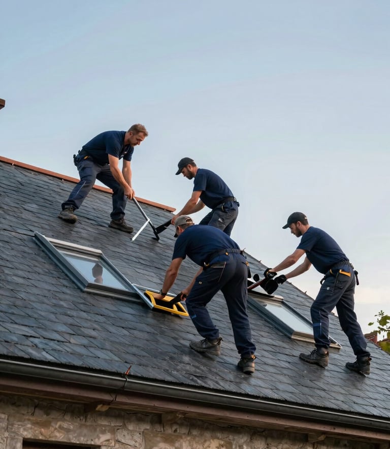 Wide shot of a professional roofing team at work on a beautiful traditional French house with slate tiles. The atmosphere is professional and orderly, showing reliability and expertise. The sky is soft blue, reflecting a calm work environment. Colors feature Dark Navy Blue uniforms and Soft Sky Blue skies.