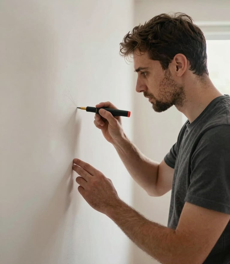 Detailed photography of a professional technician inspecting an interior wall for humidity issues in a Central European home, using specialized tools, soft natural lighting, showing expertise and focus.
