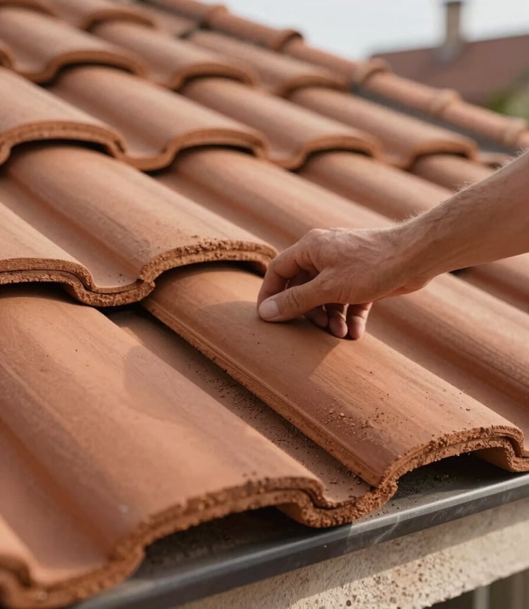 Macro shot of high-quality clay roof tiles being expertly installed on a residential building, Central European architecture, warm natural light, clean and professional composition.
