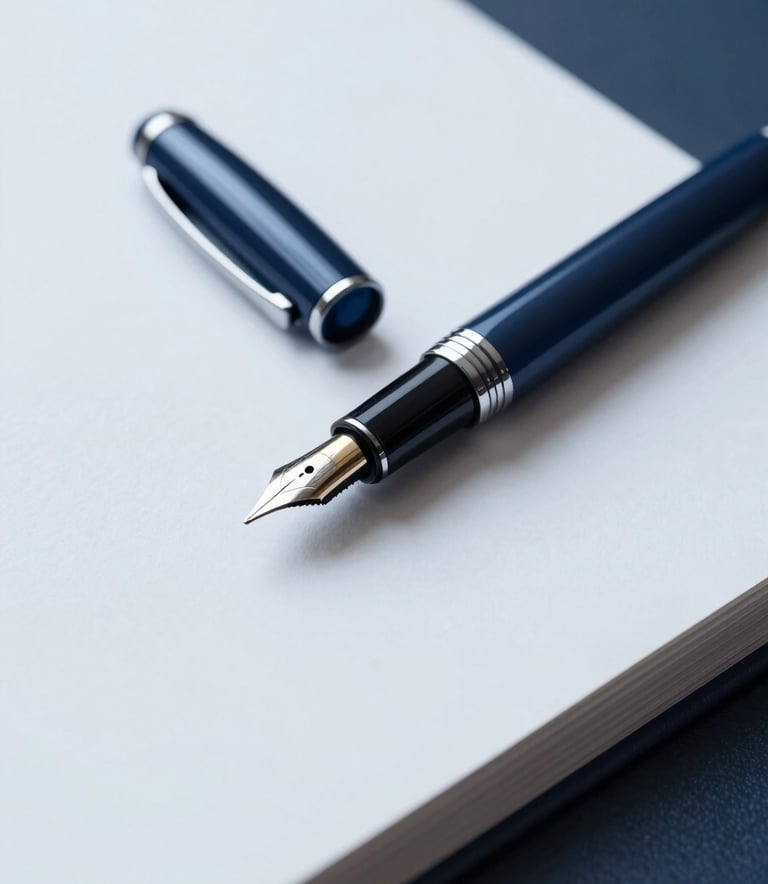 A minimalist and sophisticated close-up of a high-end fountain pen resting on a blank white script page. The lighting is soft and cinematic with cool blue shadows. Professional and clean aesthetic using #0A1C3B and #F0F4F7 tones. No text on image.