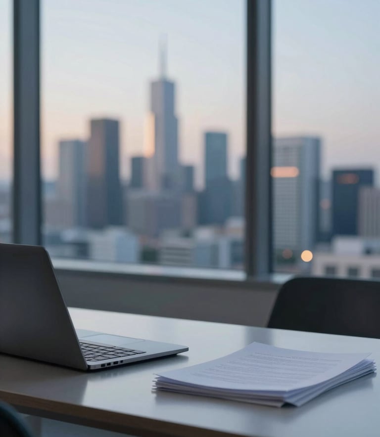 An elegant, minimalist writer's desk featuring a modern laptop and a stack of clean paper. A window view of a modern Saudi skyline at dusk. Colors include #0A1C3B and #F0F4F7. Cinematic and professional.