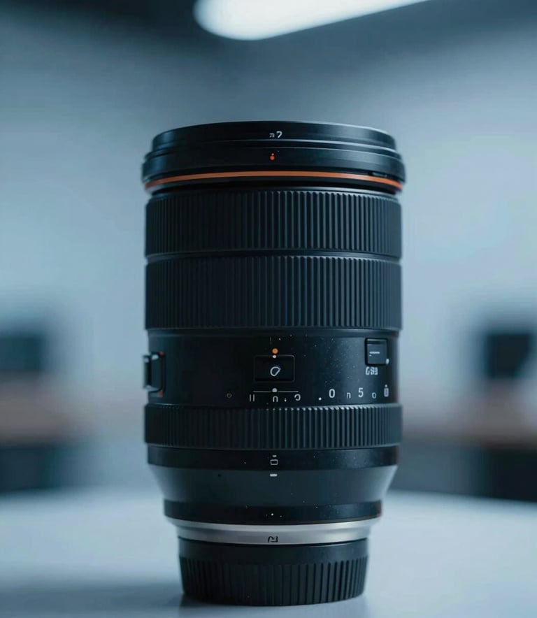 A close-up, cinematic shot of a professional camera lens with soft lighting. The background shows a modern, minimalist studio setting. The color palette incorporates shades of #0A1C3B and #80A6C7. No text or people.