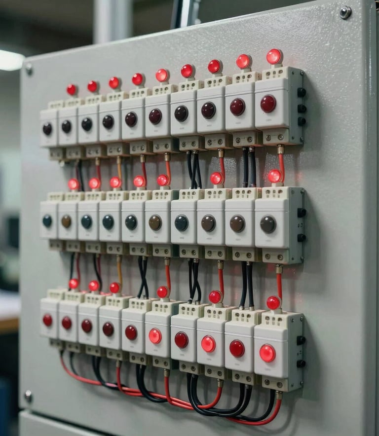 A close-up photograph of a sophisticated industrial control panel with perfectly organized wiring and red indicator lights. Professional North American workshop setting with a focus on modern electrical engineering and reliability.