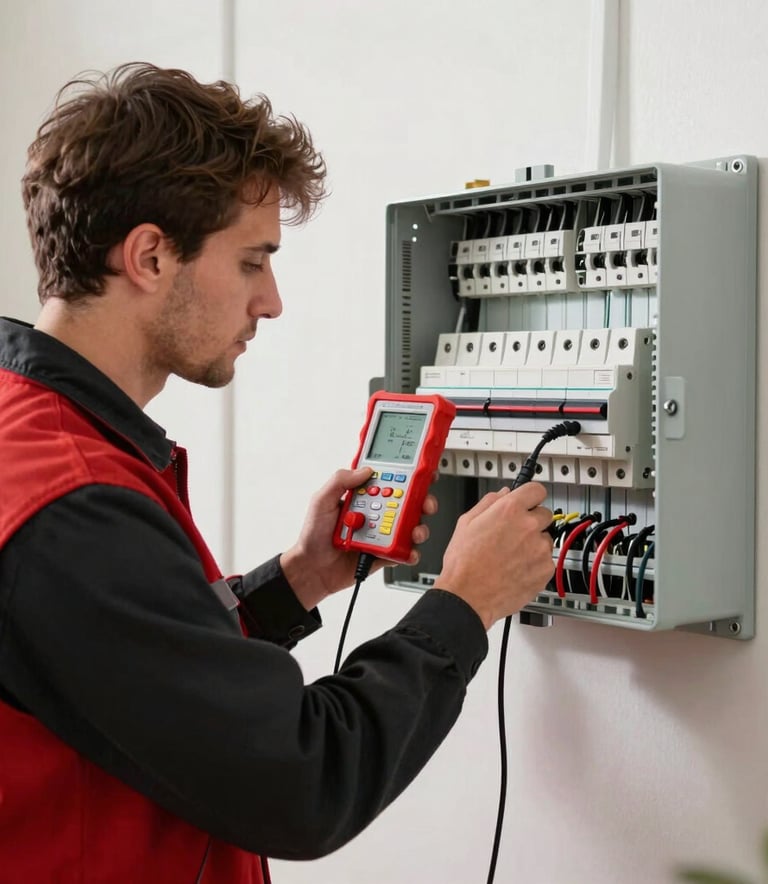 A professional electrician in a red and black uniform using digital testing equipment to inspect a residential breaker box. Bright, clean North American home setting, emphasizing precision and modern tools.