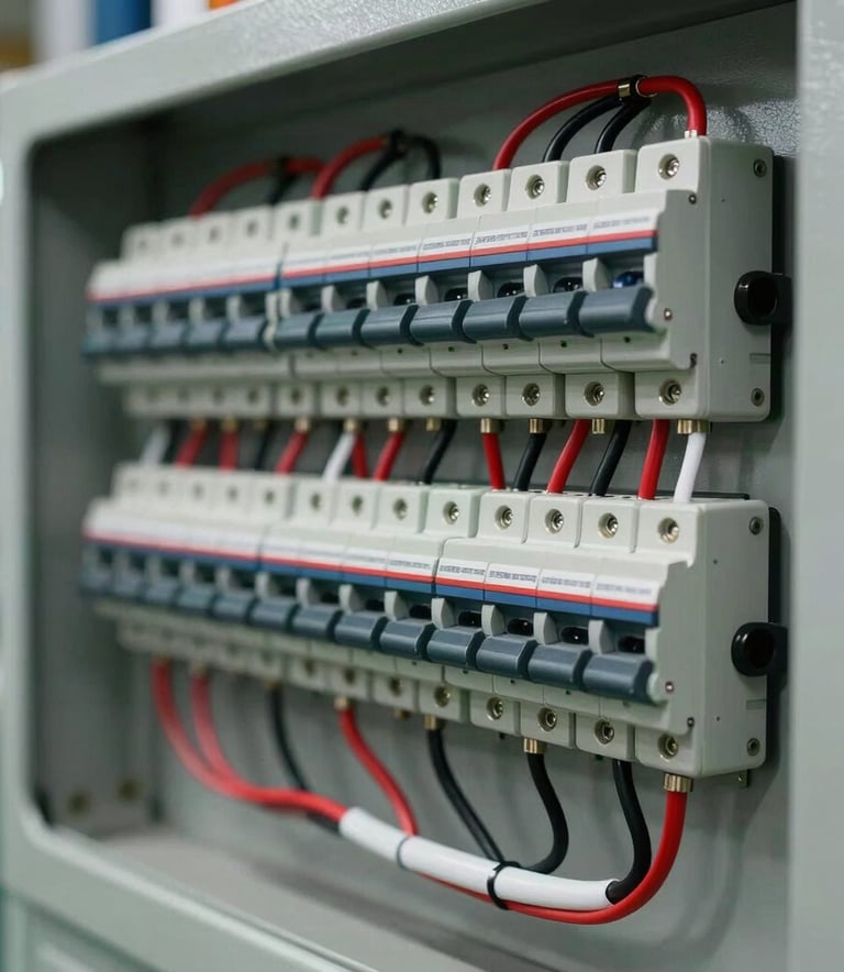 A close-up photograph of a meticulously wired industrial control panel featuring red and black wires, silver terminals, and modern circuit breakers, shot with sharp focus in a North American / US manufacturing facility.
