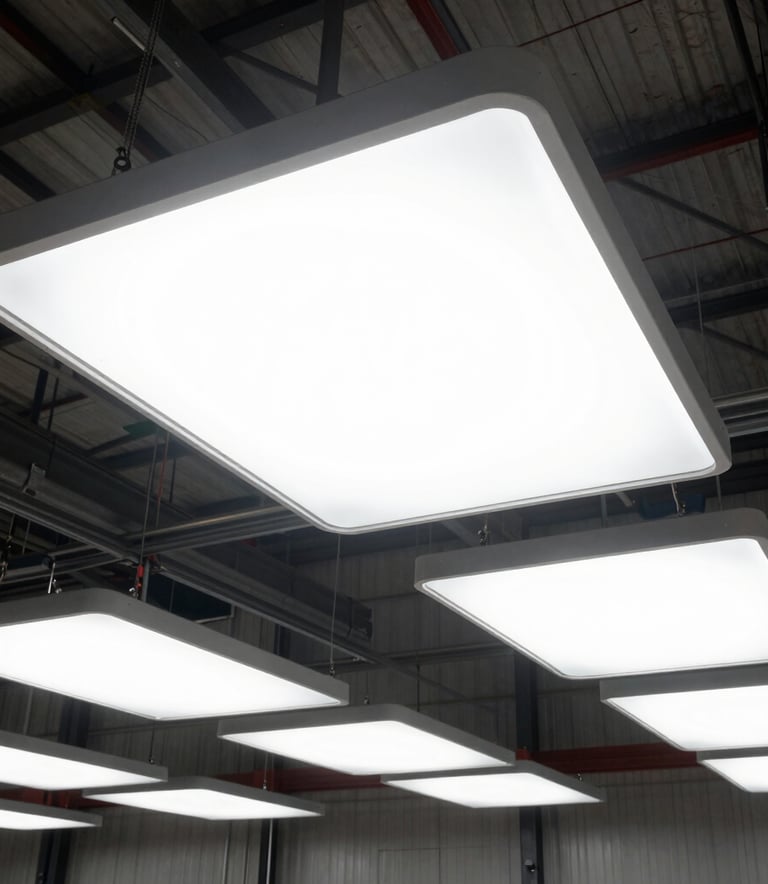 A detailed shot of modern LED lighting upgrades in a large North American / US warehouse, showing clean white light illuminating steel structures and industrial equipment, high-contrast professional photography.