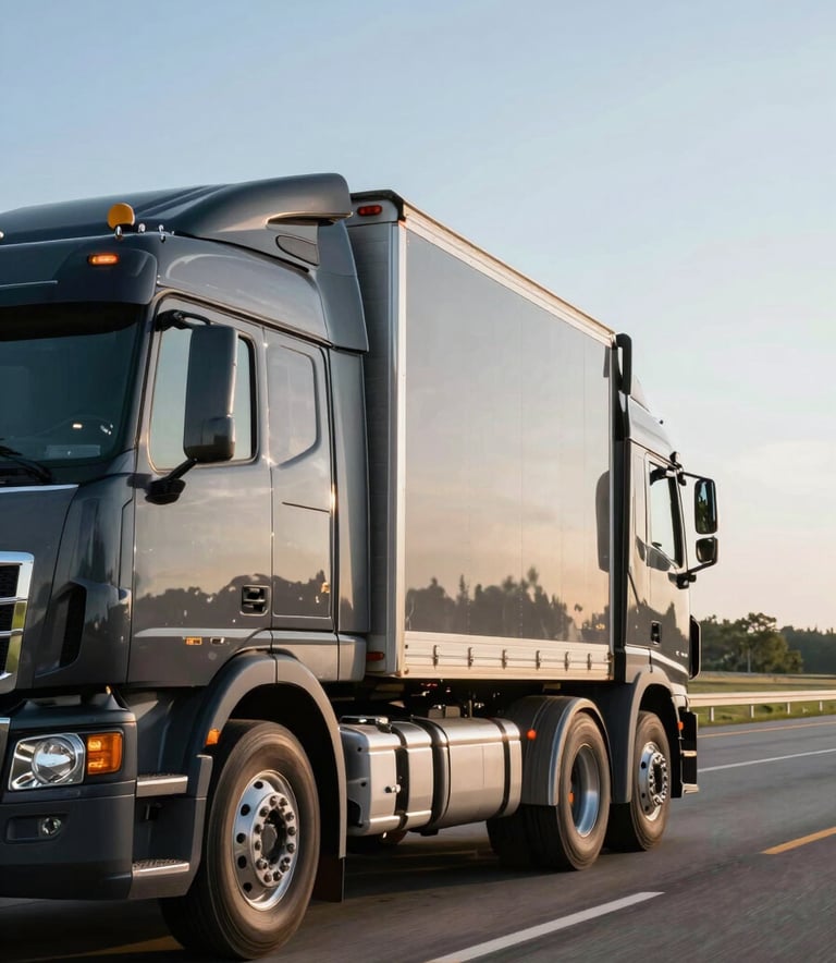 A side view of a modern multi-car carrier truck traveling on a clear Nebraska highway. The truck has Charcoal Dark Slate metallic accents and the lighting is the bright, clean glow of early morning. The composition is sleek and professional.
