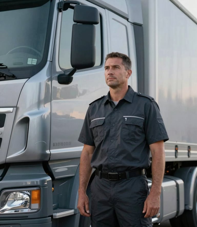 A professional transport driver in a dark charcoal uniform standing confidently next to a large transport vehicle. The driver is looking towards the horizon with a calm, capable expression. Steel grey and cool silver tones dominate the metallic environment.