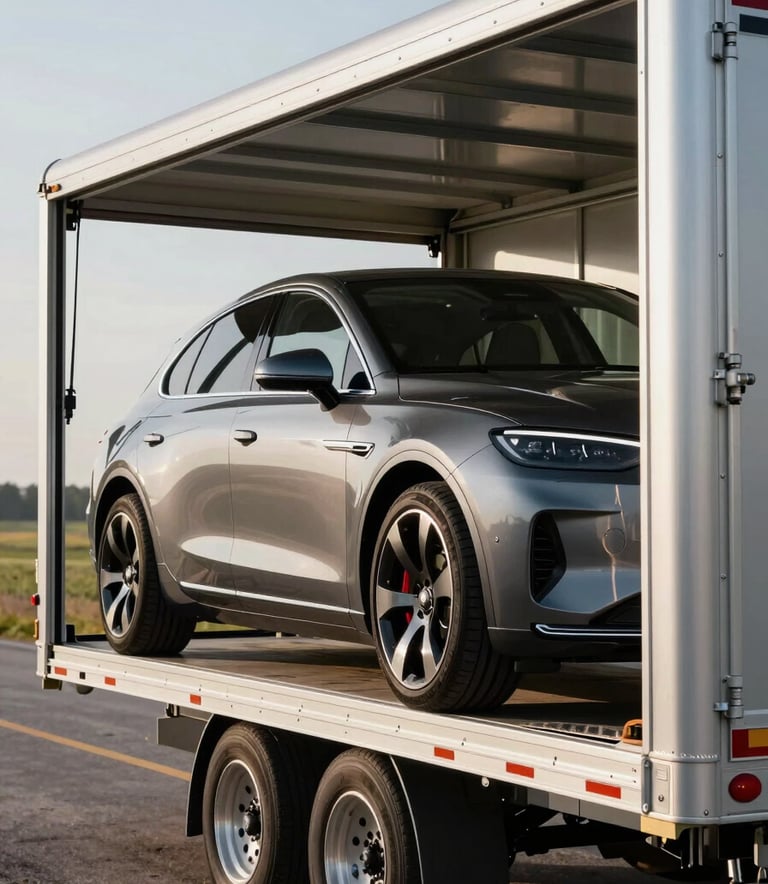 A high-end luxury car being carefully loaded onto a modern vehicle transport trailer. The lighting is bright and professional, highlighting the cool silver metallic surfaces of the trailer and the dark charcoal finish of the vehicle. Nebraska landscape visible in the soft-focus background.