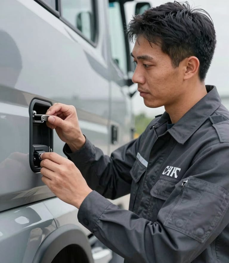 A close-up photograph of a professional transport driver in a clean, branded Charcoal Dark Slate uniform, inspecting a vehicle's securement point. The lighting is crisp and modern, emphasizing detail and professionalism.