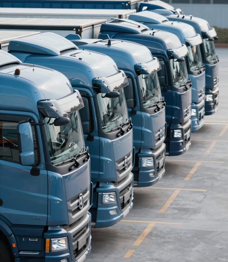 A fleet of modern, clean transport trucks parked in a perfectly straight line at a logistics terminal, sleek metal surfaces reflecting #3F5B6F blue tones, professional lighting, modern efficiency vibe.