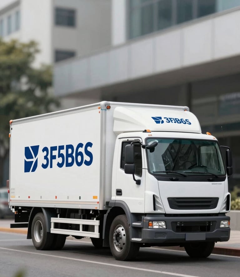 A medium-sized white freight truck with professional blue branding parked in a clean urban setting. The shot is a 3/4 view, sharp focus, professional commercial photography. Colors include #3F5B6F and #1A2E35.