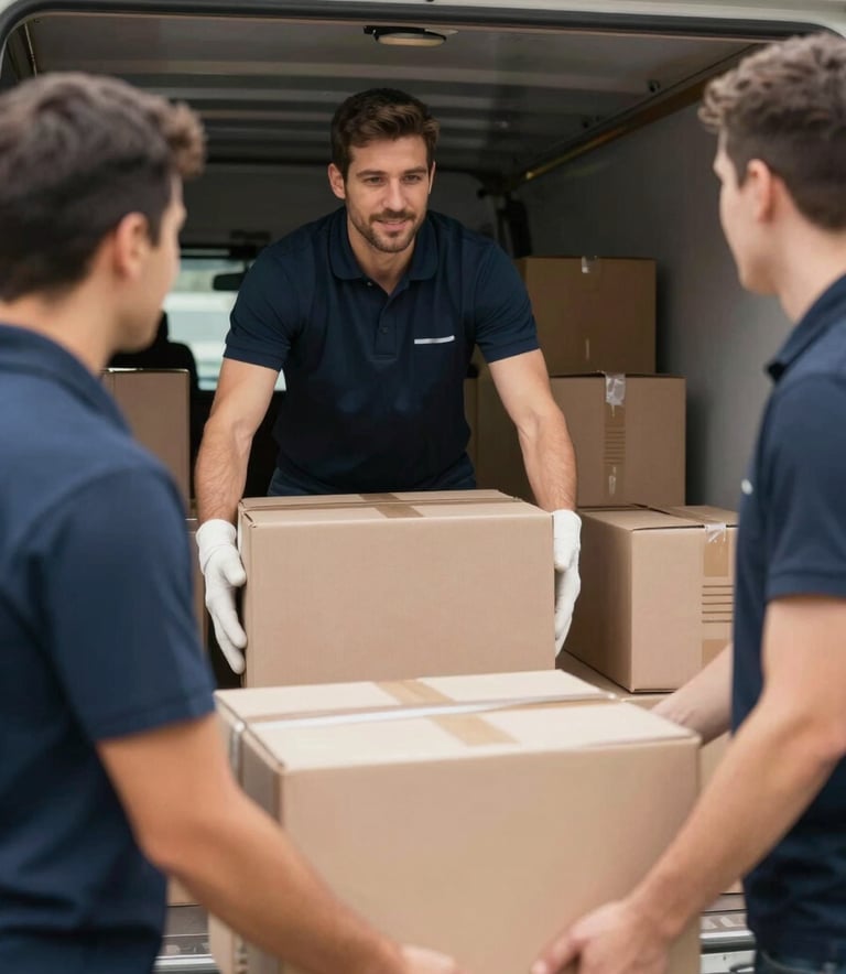 Close-up of careful movers placing protected boxes into a well-maintained truck, focused on the safety and professional handling of goods, natural lighting, clean aesthetic.