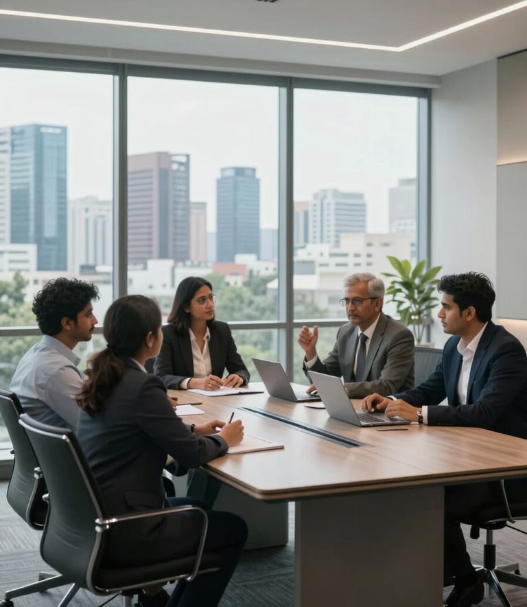A professional wide-shot of a modern boardroom in Noida. Large windows overlook a developing city skyline. The interior features minimalist furniture in charcoal and light grey tones. South Asian / Indian business consultants are seen mid-discussion, conveying a sense of expert guidance and reliability. High-end, soft interior lighting.