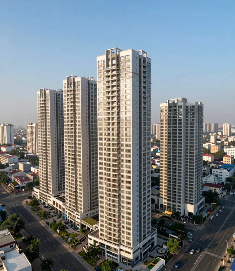 An aerial panoramic view of luxury high-rise apartments along the Noida Expressway, showcasing modern South Asian urban planning under a clear, bright sky.