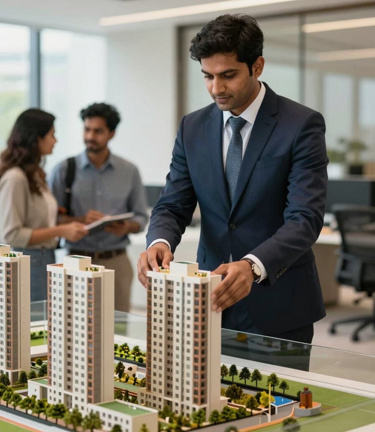 A professional real estate consultant in a modern office setting in India, showing a miniature architectural model of a residential complex to a couple. The scene is bright and conveys trustworthiness.