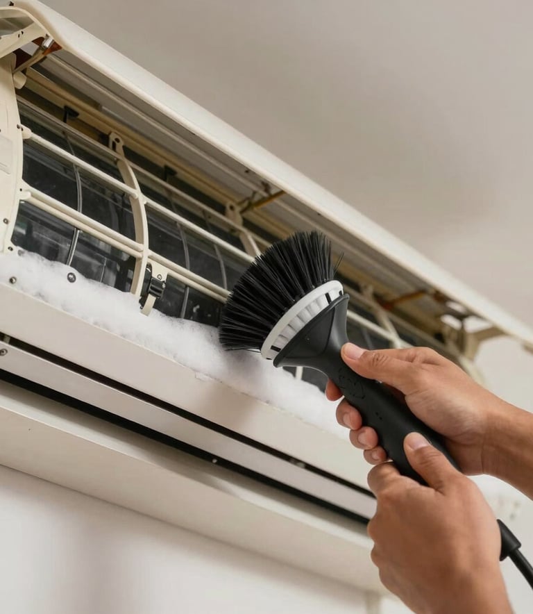 Close up of professional hands in a South American / Brazilian residential setting using a specialized cleaning brush and foam on the internal coils of an air conditioner, showing detailed maintenance process.