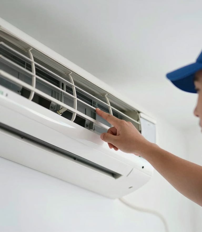 A close-up photograph of a professional technician's hand pointing at a clean, white air conditioning vent. The scene is bright and airy with soft sky blue and navy blue accents. Professional lighting, South American / Brazilian setting.