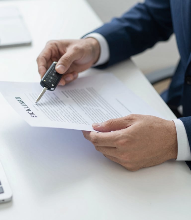 A close-up of professional hands reviewing clear legal documents and a car key on a clean desk, symbolizing the final step of the exemption process, with a color palette of #0F1C2E and soft #B6DDE5 highlights.