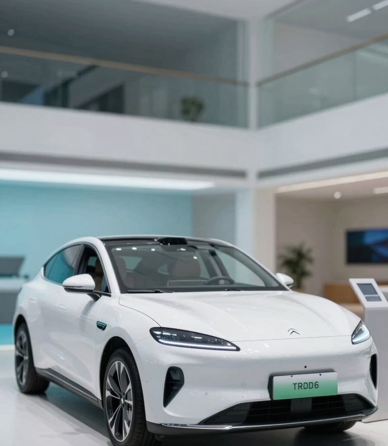 A modern, sleek white car parked in a well-lit showroom with high ceilings, representing the freedom of accessibility, featuring soft blue #B6DDE5 lighting accents.