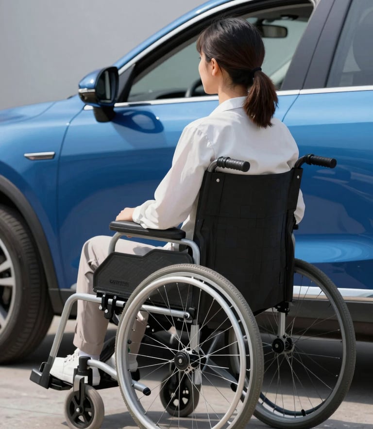 A high-quality, professional photograph of a person using a wheelchair approaching a modern vehicle. The scene is outdoors with bright, natural lighting. The car reflects soft blue highlights (#3A6F8B), symbolizing freedom and accessibility through tax exemptions.